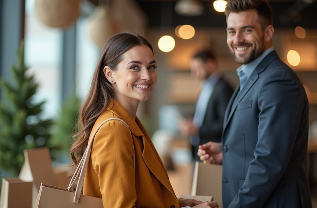  advertising style, stock photo, corporate branding style close up of woman and man with craft bags at checkout in store. blurred fir tree in background . professional, clean, modern, product focused, commercial, eye catching, minimalist, business oriented, highly detailed