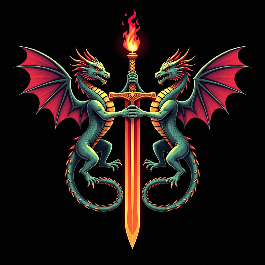  design a logo, custom sticker design on an isolated black background decorated by mythical dragons and a flaming sword