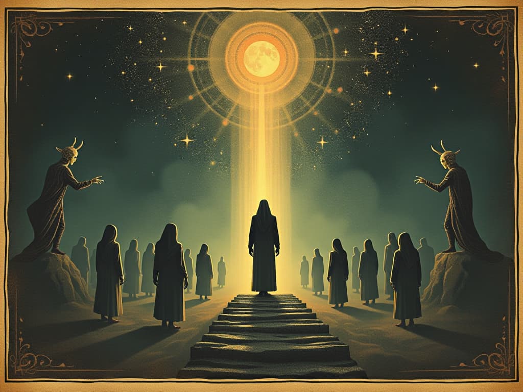  a figure standing in a beam of light surrounded by celestial beings, mystical encounters, divine connections, radiant glow. an illustration in the style of a worn, mystical old tarot trump card, mysterious and elements of surrealism. the colors are muted, somber and eerie, but with contrast bring out an occult and esoteric vibe.