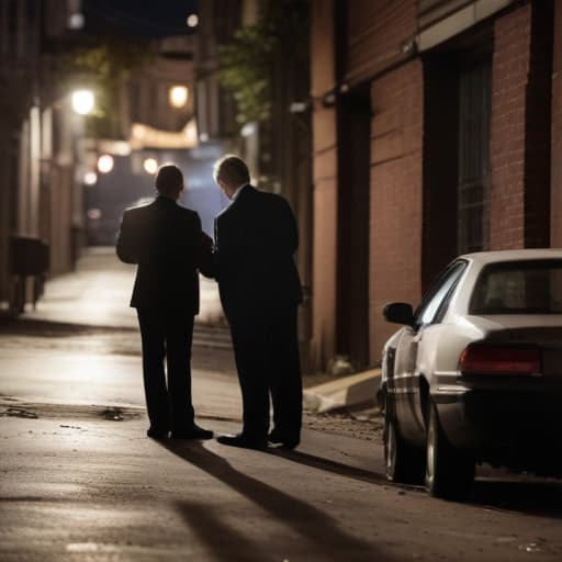 A photo of a car accident attorney meticulously examining evidence at a dimly lit downtown alleyway during dusk with dramatic, shadowy lighting.