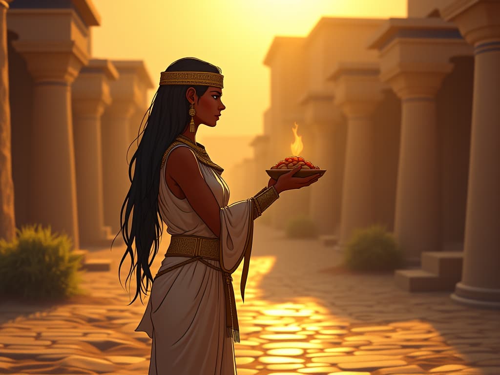  a radiant figure offering a bowl of food in an egyptian village, golden sunlight, atmosphere of selfless action. the style is digital art illustration / modern comic book / mysterious occult, symbolic, esoteric vibe,high detail on character design, incorporating ancient egyptian symbology and attire.