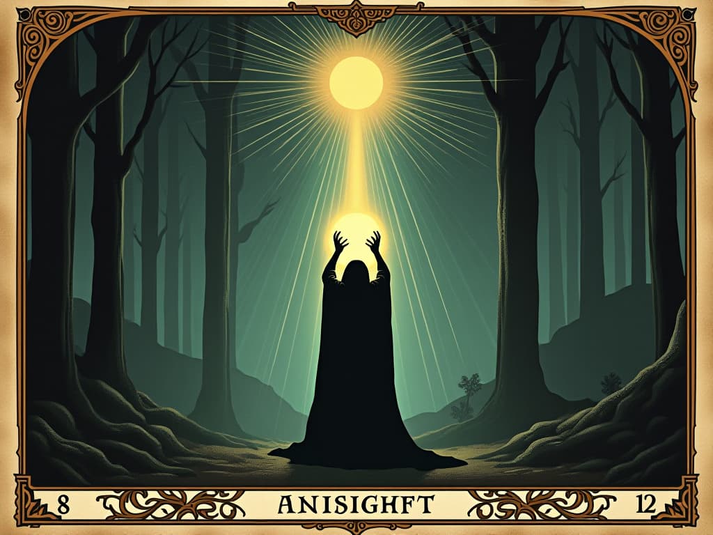  introspection scene, figure holding crystal orb, rays of light radiating out, forest in twilight, insight, mystical. an illustration in the style of a worn, mystical old tarot trump card, mysterious and elements of surrealism. the colors are muted, somber and eerie, but with contrast bring out an occult and esoteric vibe.