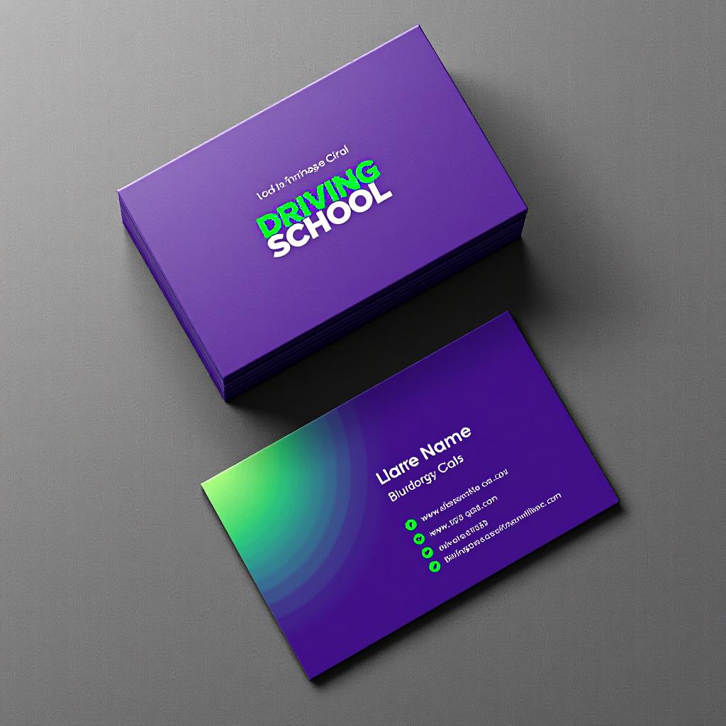  purple green business card for a driving school.