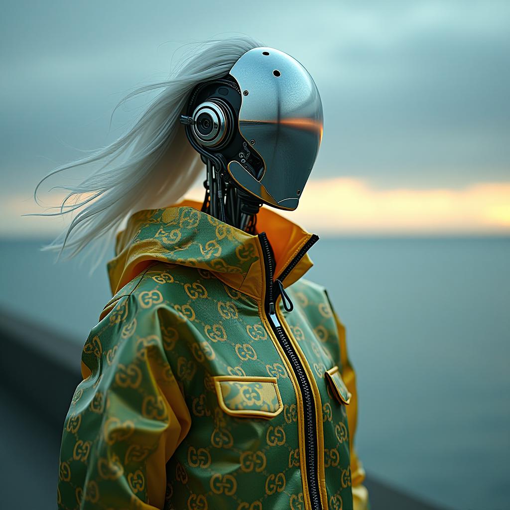  cybernetic robot hdr foto, skinny anorexic female faceless cyborg, (((wires in head mechanical parts ultra reflective faceplate:1.2))), cyborg decorated with patterns and inscriptions, gold green the gucci's signature colors print gucci raincoat, wind blows white hair, (((horizon line reflected on faceplate, (((mechanical section of the abdomen and waist:1.4)))ultra thin waist and very skinny legs, the wind blows your hair and raincoat, reflect horizon in faceplate, (((tight transparent colors reflected color pvc clothing transparent color vinyl clothing prismatic holographic chromatic aberration short unbuttoned raincoat with print decore glows slightly intricate detail))), on concrete embankment of sea curvy horizon line landscape