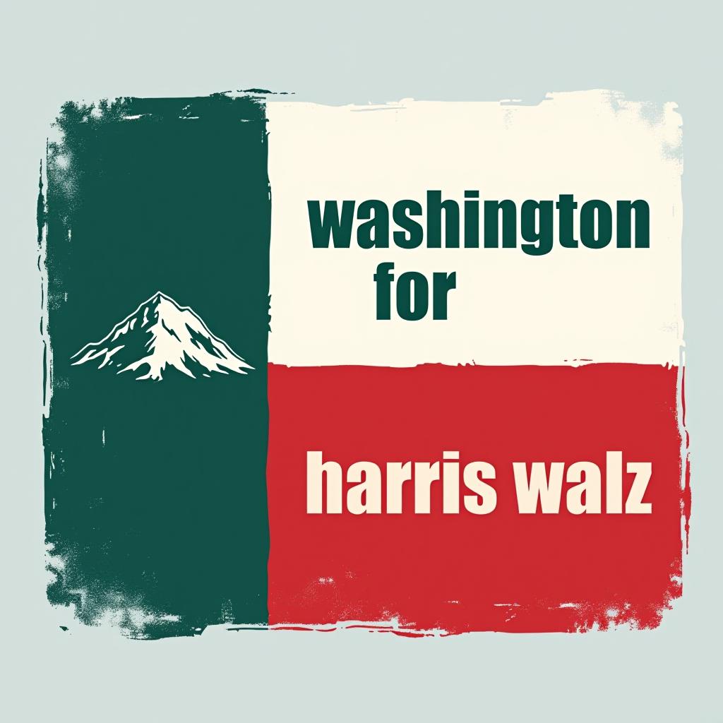  a tshirt design inspired by the washington state flag. the left side features a green vertical stripe with a large mountain in the center. the right side is divided into two horizontal sections: the top section is white with the text 'washington for' in bold, green, uppercase letters, and the bottom section is red with the text 'harris walz' in bold, white, uppercase letters. the overall layout is clean and straightforward, with a clear and patriotic color scheme of blue, white, and red.