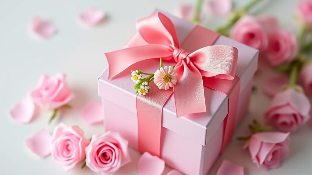  a gift box with a pink bow and flowers