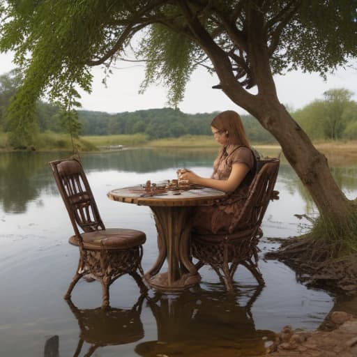 Just food from the Salm tree down some river beside have chair with a table, one girl, she’s sitting there and she’s eating sweet chocolate in Steampunk style with Oceans background