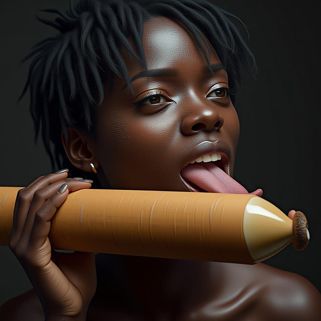  the most beautiful black woman possible sticking her large flat tongue fully out, covered in sweat, holding a tan colored cylinder with a mushroom at the end, award winning, professional, highly detailed, masterpiece