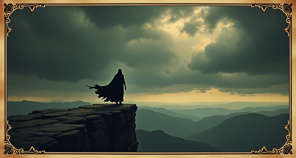  solitary figure standing atop a cliff, long cloak billowing in the wind, overlooking a vast, dark landscape beneath a stormy sky, sense of isolation and determination, dramatic, foreboding. an illustration in the style of a worn, mystical old tarot trump card, mysterious and elements of surrealism. the colors are muted, somber and eerie, but with contrast bring out an occult and esoteric vibe.