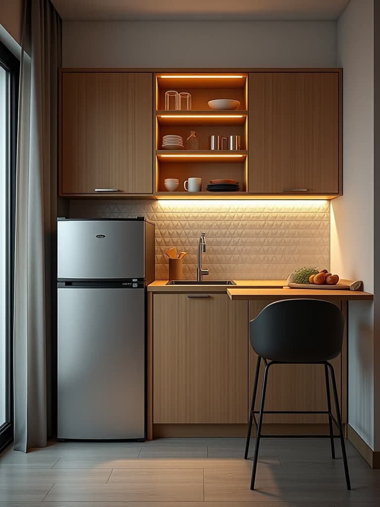  high quality portrait photo of a single wall kitchen with a fold down table, featuring vertical storage solutions, a compact refrigerator, and a stylish backsplash with geometric patterns hyperrealistic, full body, detailed clothing, highly detailed, cinematic lighting, stunningly beautiful, intricate, sharp focus, f/1. 8, 85mm, (centered image composition), (professionally color graded), ((bright soft diffused light)), volumetric fog, trending on instagram, trending on tumblr, HDR 4K, 8K