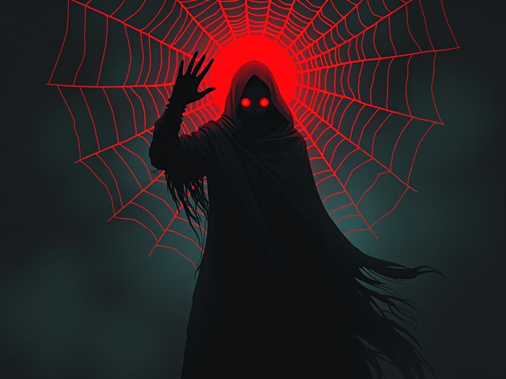  character trapped in a web of glowing judgmental eyes, trying to free themselves, heavy atmosphere of paralysis and dread. the style is dark fantasy and mysterious occult, symbolic, moody lighting, esoteric vibe,high detail on character design. for the color scheme emphasize blacks and reds.