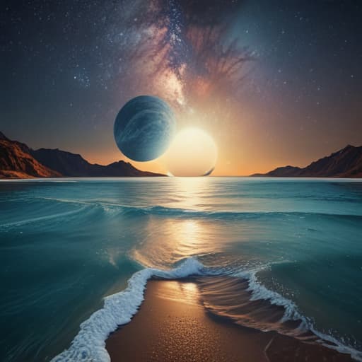 Sea with land mass separated from galaxy in Surrealist style