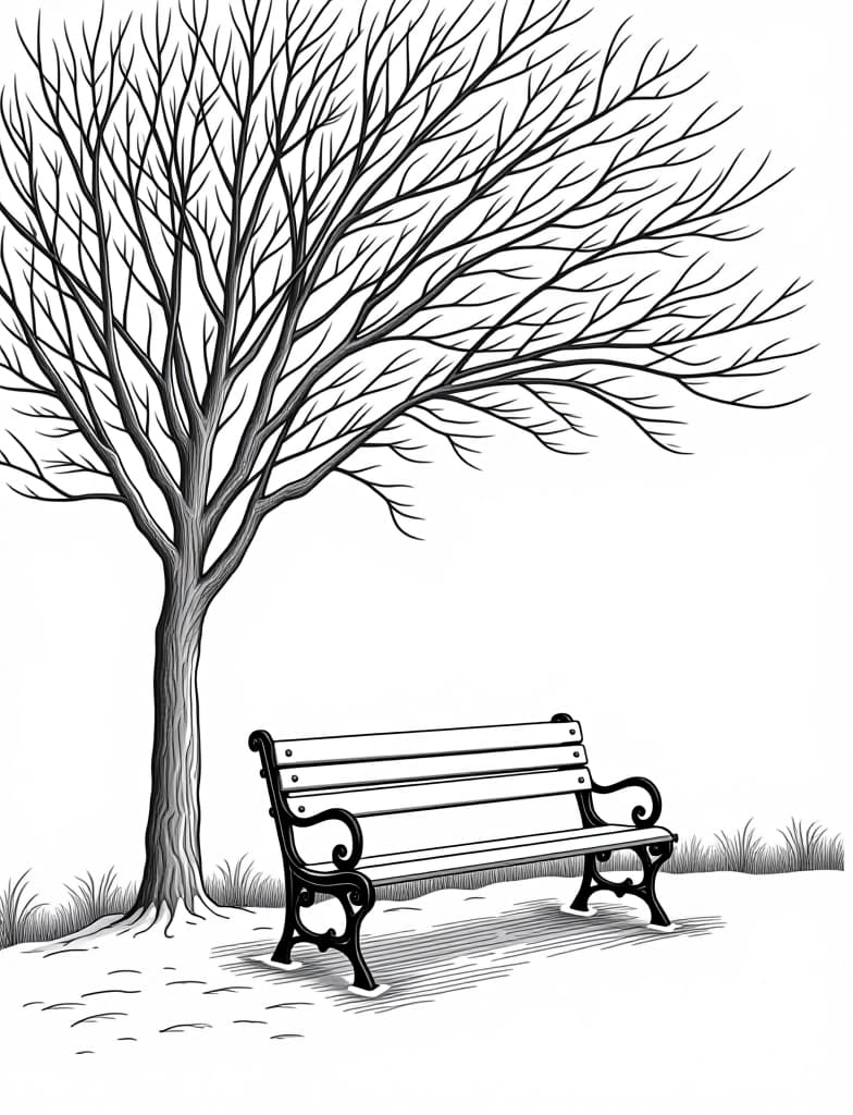  this is for an adult coloring page. a detailed black and white line art of a snowy snow covered park bench under a leafless tree on a solid white background.