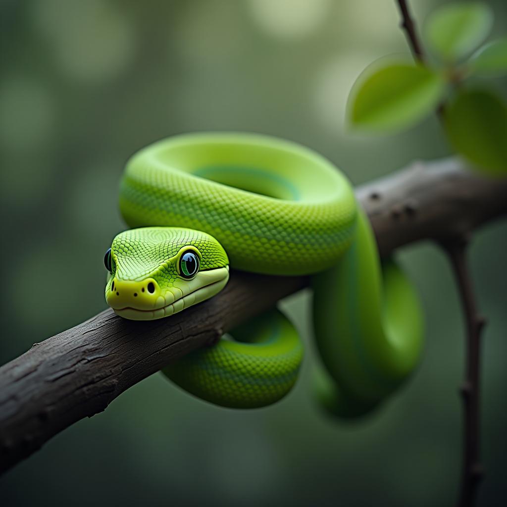  the cute green snake is sitting curled around the branches.