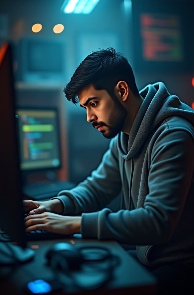  programmer frustated with the computers hyperrealistic, full body, detailed clothing, highly detailed, cinematic lighting, stunningly beautiful, intricate, sharp focus, f/1. 8, 85mm, (centered image composition), (professionally color graded), ((bright soft diffused light)), volumetric fog, trending on instagram, trending on tumblr, HDR 4K, 8K