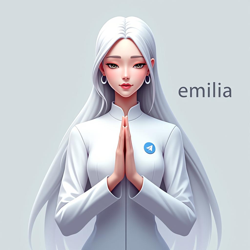  design an ai generated character inspired by emilia from re:zero. she should have long white hair and a graceful presence, dressed in a shirt with the telegram icon. the character should be posed in a traditional indian namaste gesture, exuding calm and elegance. add the text 'emilia' in a sleek, modern font near the character, with a minimal background to keep the focus on her