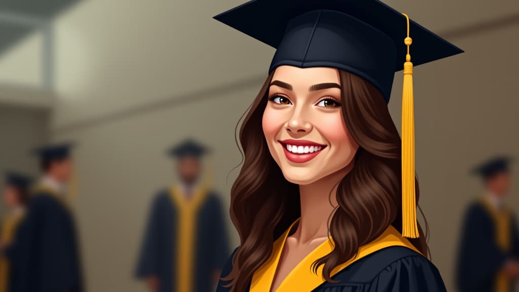  illustration portrait of cheerful young lady in black and yellow graduation gown with cap against of other graduate