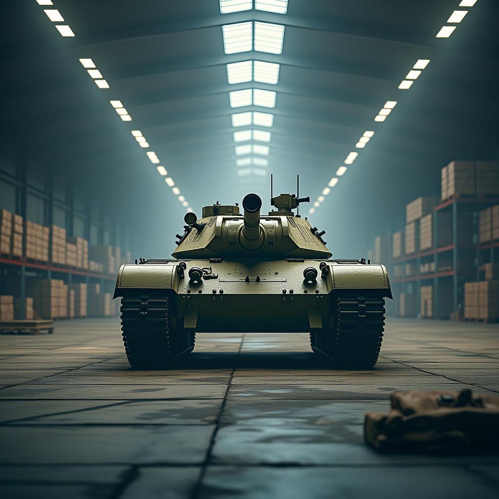  a formidable tank stands ready within the vast confines of an industrial warehouse