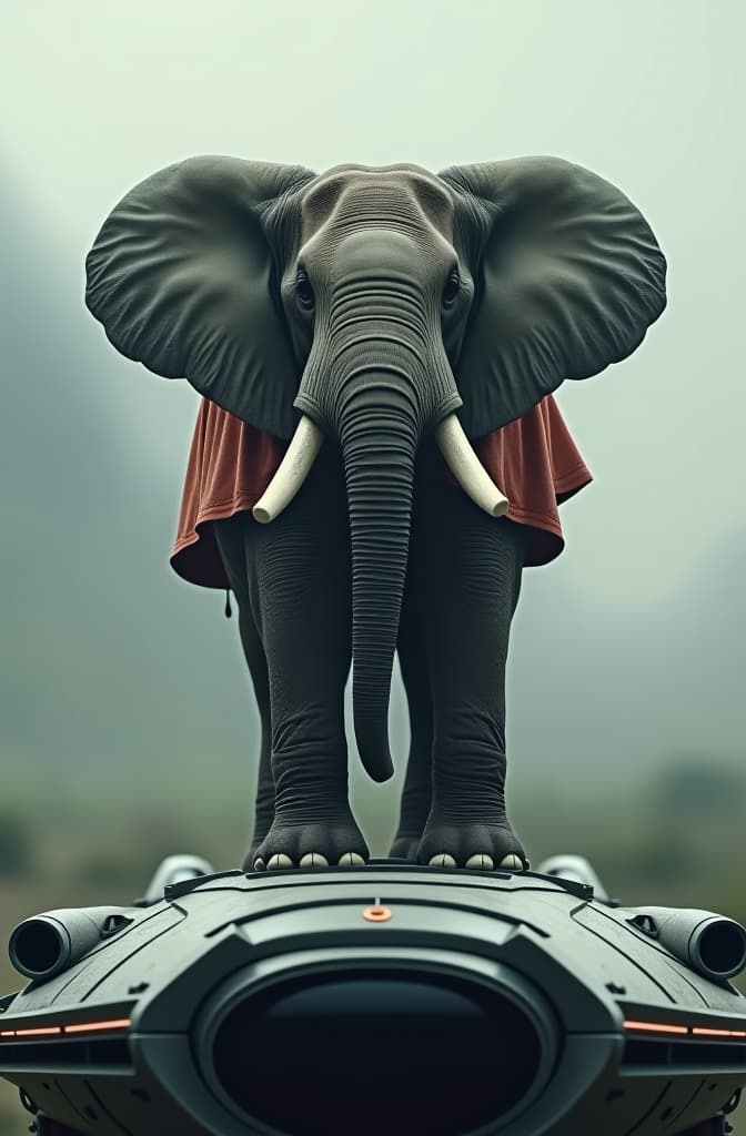  elephant standing on a spacecraft hyperrealistic, full body, detailed clothing, highly detailed, cinematic lighting, stunningly beautiful, intricate, sharp focus, f/1. 8, 85mm, (centered image composition), (professionally color graded), ((bright soft diffused light)), volumetric fog, trending on instagram, trending on tumblr, HDR 4K, 8K