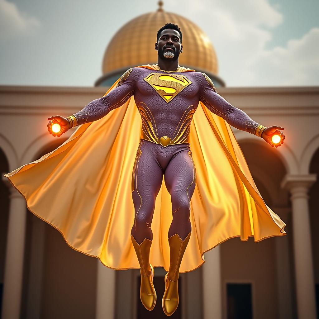  african superman king priest, floating, hovering flight in the courtyard of the dome of the rock in jerusalem, his cape is radiant iridescent golden, electric blue, magenta, iridescent, translucent, gold mli foil transparent iridescent lightsail cape. his suit is pearl white and golden glowing iridescent, gold, golden shining energy armor, iridescent glowing illuminated gold "s" on chest, super plasma power sphere lightning solar fireball glowing from his fists. glowing iridescent lightning eyes, short curly temple fade black hair on head, white platinum goatee beard.