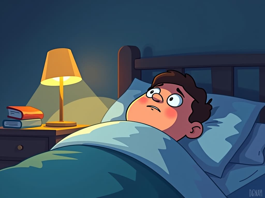  a cartoonish depiction of a person lying awake in bed, staring at the ceiling, with a slightly worried or thoughtful expression. the room is ordinary, with a bedside lamp casting a soft glow and a book on the nightstand. everything looks realistic but with the clean lines and smooth surfaces typical of a cartoon. the scene suggests that the person is lost in thought, but without any surreal or fantastical elements.