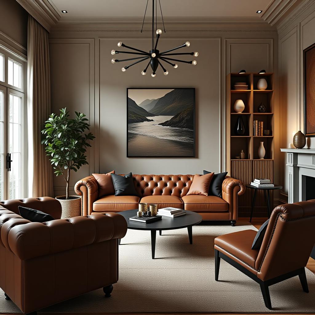  capture an unedited, hyperrealistic 8k photograph of a living room designed as a cozy gathering space for relaxation and entertainment. the image should have sharp focus, intricate details, and be professionally color graded to enhance the stunning beauty of the setting. it should feature a chesterfield sofa in synthetic brown leather (link provided), surrounded by dense furnishings and decorations. use bright, soft, diffused lighting to achieve a highly detailed and beautifully lit environment.