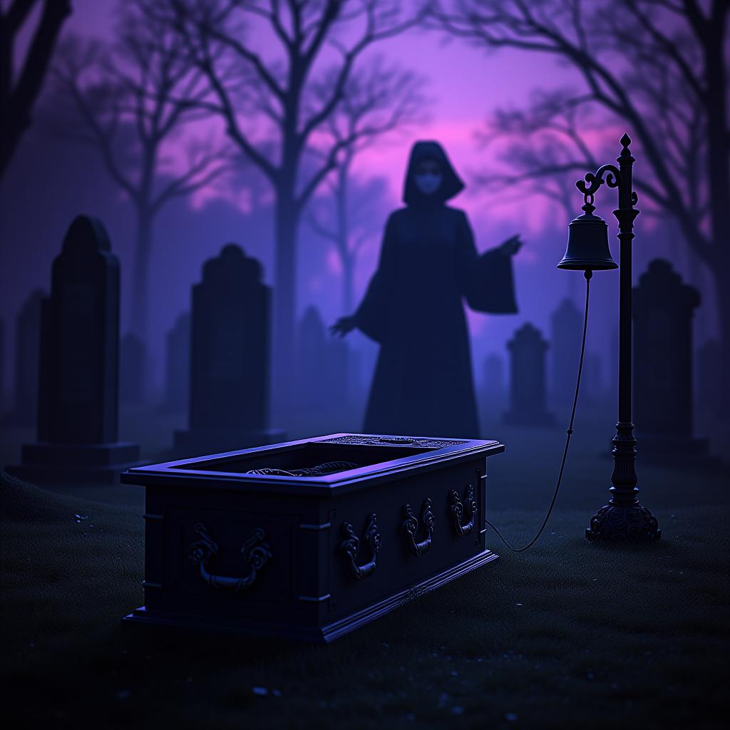  create a high quality, photorealistic image that vividly depicts the following scene: a chilling graveyard at dusk, cast in eerie purples and blues (high detail, canon eos r3, iso 200, 1/160s, 8k, raw). an ornate victorian era burial coffin lies slightly ajar in the foreground, a rope extending from inside it up to a small bell, mounted on an elegant wrought iron stand, the soft chime echoing fear and anticipation. rising ominously from the shadows in the background, an ambiguous figure with traditional japanese features, obscured by a mask around her mouth (f/1.4, nikon, unedited). her haunting eyes reveal a desperate question, reflecting the fatal game she's rumored to play. around her, faint apparitions of other legends: a hitchhike hyperrealistic, full body, detailed clothing, highly detailed, cinematic lighting, stunningly beautiful, intricate, sharp focus, f/1. 8, 85mm, (centered image composition), (professionally color graded), ((bright soft diffused light)), volumetric fog, trending on instagram, trending on tumblr, HDR 4K, 8K