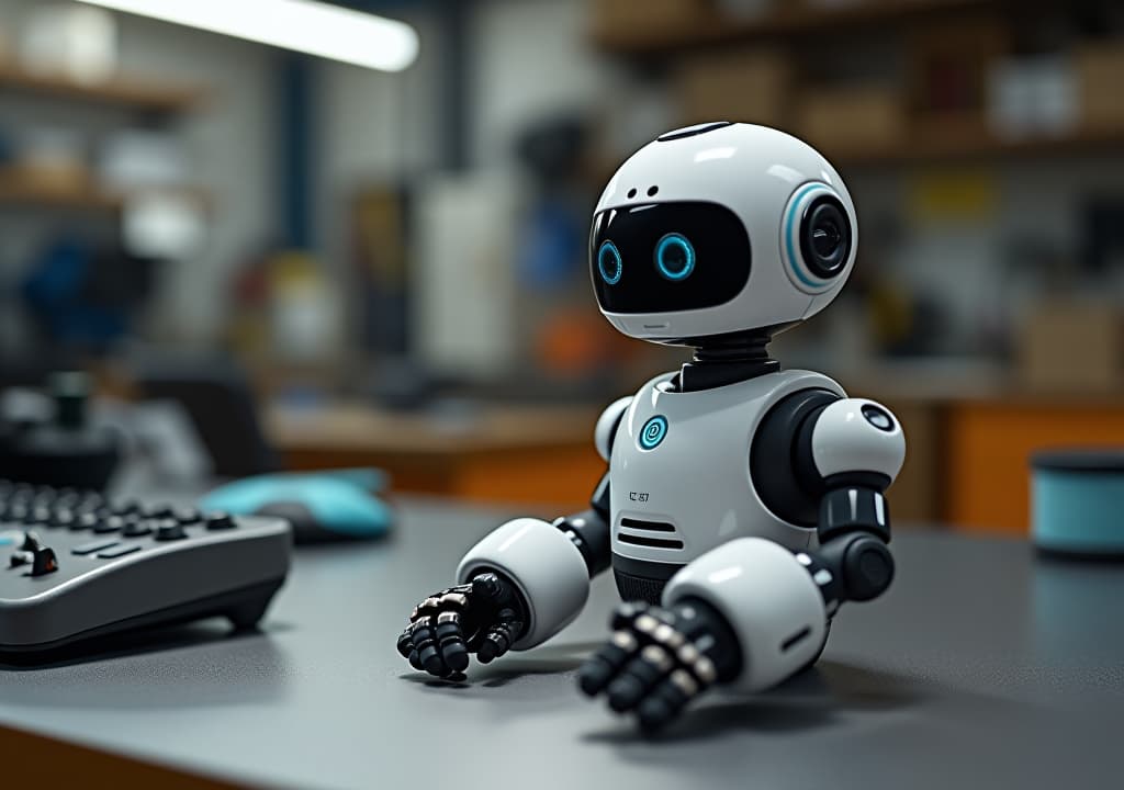  good quality, high quality, visual description: the camera zooms out to show a small, cute robot lying on the workbench, unactivated.text (narration box): "after months of work, his ai robot is about to come to life."