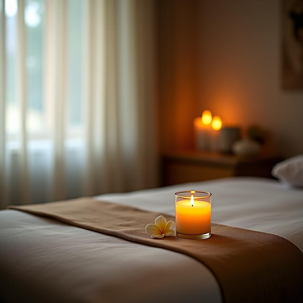  massage therapist's room, a table with a lit aroma candle.