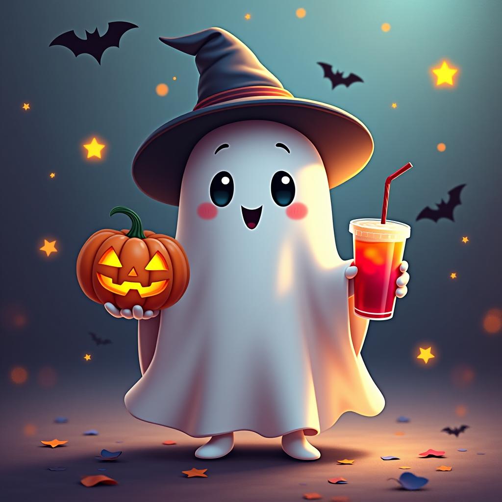  create a digital painting featuring a cute ghost character. the ghost should be wearing a hat. in one hand, the ghost should hold a pumpkin with a carved face, and in the other hand, a halloween themed drink. the background should be colorfull and include small black bats and stars to add a playful halloween touch. the overall style should be cute, whimsical, and colorful hyperrealistic, full body, detailed clothing, highly detailed, cinematic lighting, stunningly beautiful, intricate, sharp focus, f/1. 8, 85mm, (centered image composition), (professionally color graded), ((bright soft diffused light)), volumetric fog, trending on instagram, trending on tumblr, HDR 4K, 8K