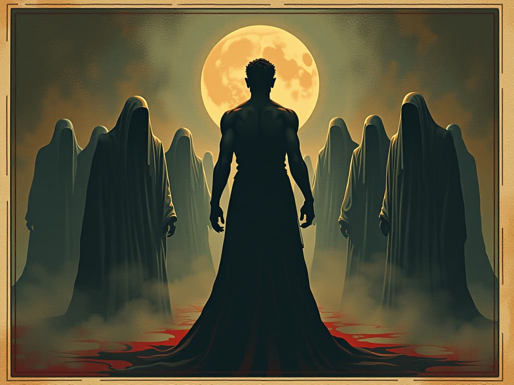  a determined figure with back turned to shadowy figures, firm stance, defiant posture, faint glow from behind, resolve, rebellion. an illustration in the style of a worn, mystical old tarot trump card, mysterious and elements of surrealism. the colors are muted, somber and eerie, but with contrast bring out an occult and esoteric vibe.