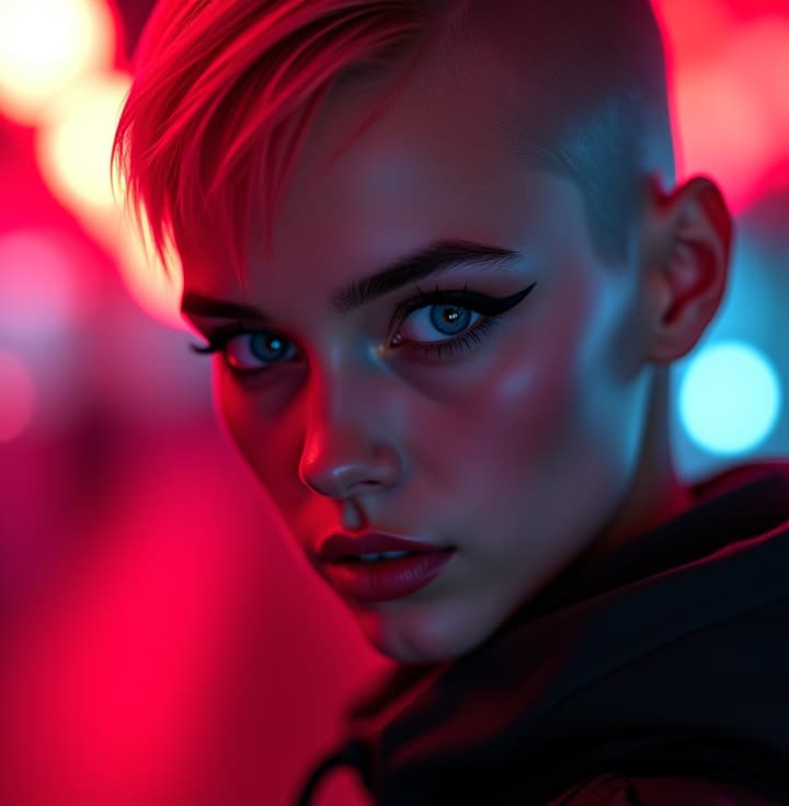  ultra realistic close up portrait ((beautiful pale cyberpunk female with heavy black eyeliner)), blue eyes, shaved side haircut, hyper detail, cinematic lighting, magic neon, dark red city, canon eos r3, nikon, f/1.4, iso 200, 1/160s, 8k, raw, unedited, symmetrical balance, in frame, 8k hyperrealistic, full body, detailed clothing, highly detailed, cinematic lighting, stunningly beautiful, intricate, sharp focus, f/1. 8, 85mm, (centered image composition), (professionally color graded), ((bright soft diffused light)), volumetric fog, trending on instagram, trending on tumblr, HDR 4K, 8K