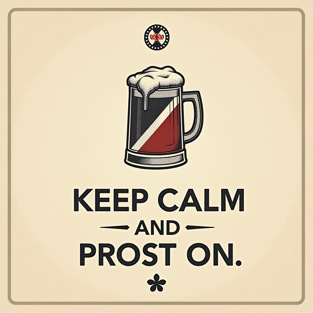  minimalist design with 'keep calm and prost on.' above a small beer stein icon, subtly woven with bavarian flag patterns.