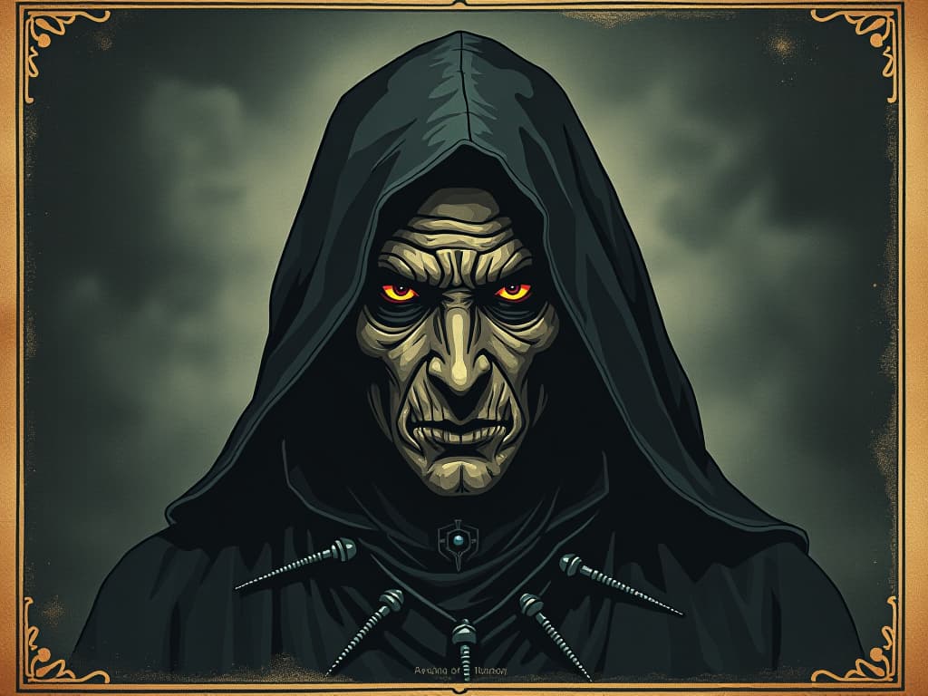  a figure with a stormy aura beneath a calm mask, dark, shadowy background, intense eyes, hint of rage, hidden emotions surfacing. an illustration in the style of a worn, mystical old tarot trump card, mysterious and elements of surrealism. the colors are muted, somber and eerie, but with contrast bring out an occult and esoteric vibe.