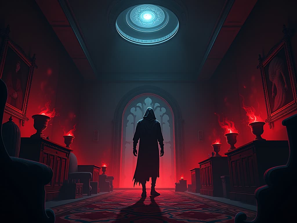  room enveloped by dark energy, objects glowing ominously, atmosphere tense and charged with confusion. the style is digital art illustration / modern comic book / graphic dark novel fantasy and mysterious occult, symbolic, moody lighting, esoteric vibe,high detail on character design. for the color scheme emphasize blacks and reds.