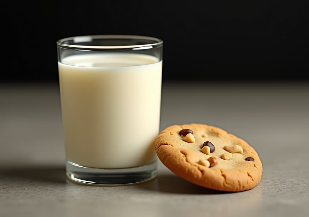  glass of milk next to a cookie, 4k hyperrealistic photo