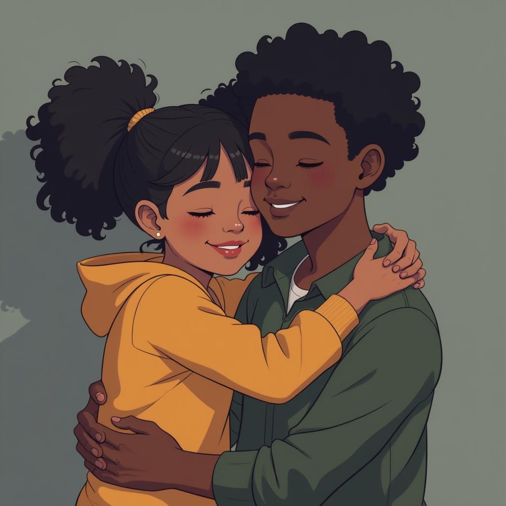  a black girl hugging a white boy . in anime style