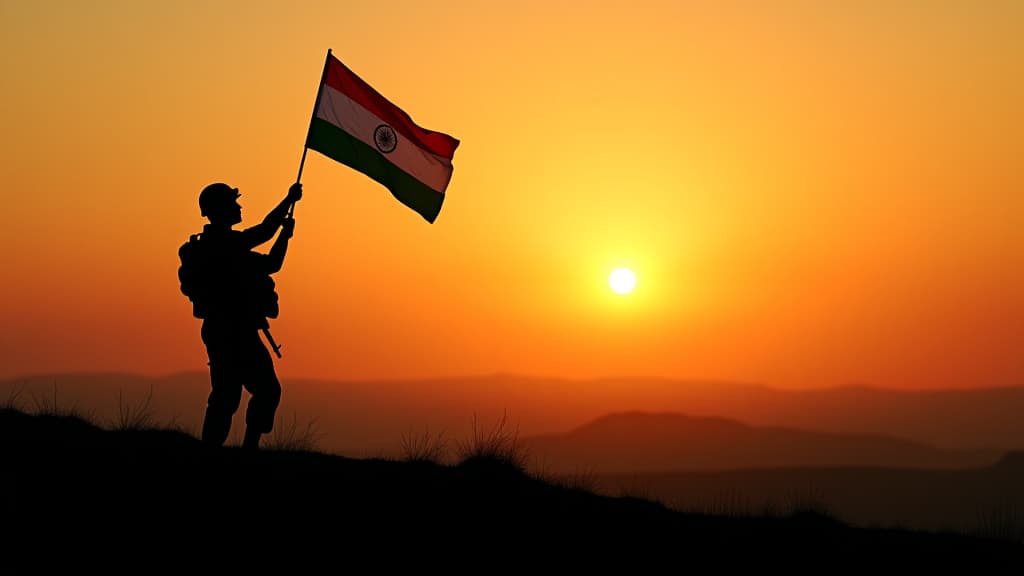  sing in ''kargil vijay diwas'', kargil victory day, indian army silhouette, holding flag