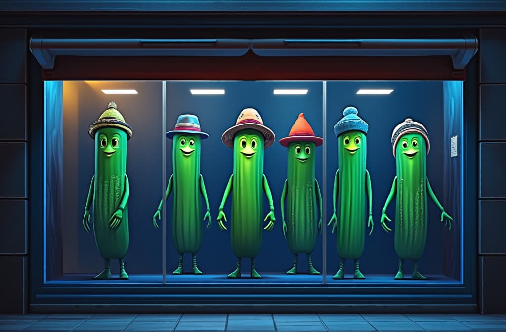  the storefront of a business that sells small hats for pickles. the front window has a display of green pickles lined up wearing a variety of different hats and helmets., blue color, glam, power, glowing lights intricate, elegant, highly detailed, digital painting, artstation, concept art, smooth, sharp focus, illustration, art by artgerm and greg rutkowski and fra angelico and unreal engine 5 hyperrealistic, full body, detailed clothing, highly detailed, cinematic lighting, stunningly beautiful, intricate, sharp focus, f/1. 8, 85mm, (centered image composition), (professionally color graded), ((bright soft diffused light)), volumetric fog, trending on instagram, trending on tumblr, HDR 4K, 8K