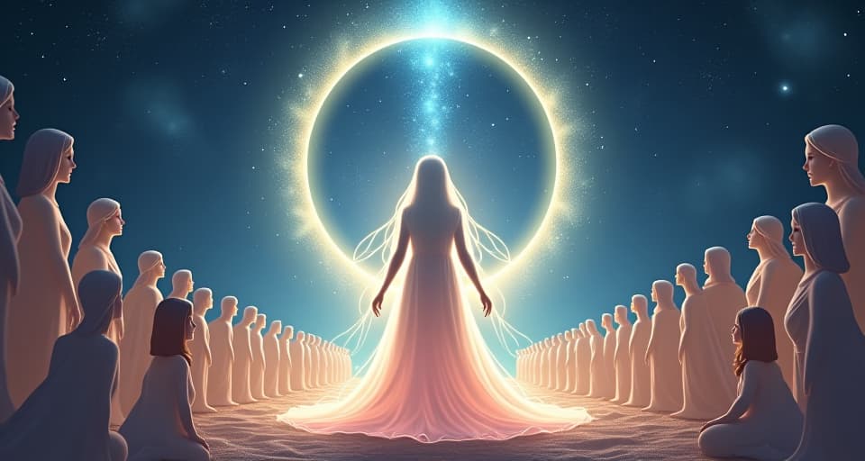  an ethereal, radiant figure standing at the center of a celestial circle, surrounded by glowing beings, their expressions reverent, symbolizing the chosen one. the style is digital art illustration,highly detailed, whimsical,magical, dreamlike atmosphere, realism and fantasy blend, smooth, glossy textures,luminous quality, wonder and enchantment.