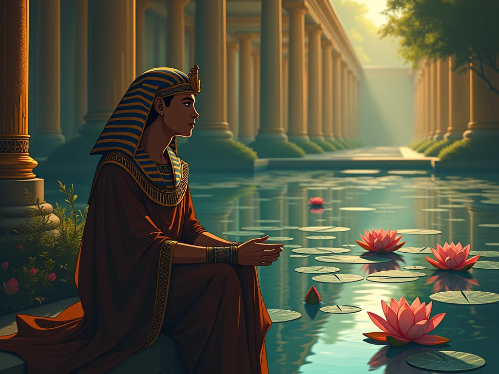  a young pharaoh in elegant robes, seated beside a tranquil pond in a palace garden, lotus flowers floating, softly illuminated, engaging in reflective thought. the style is digital art illustration / modern comic book / mysterious occult, symbolic, esoteric vibe,high detail on character design, incorporating ancient egyptian symbology and attire.