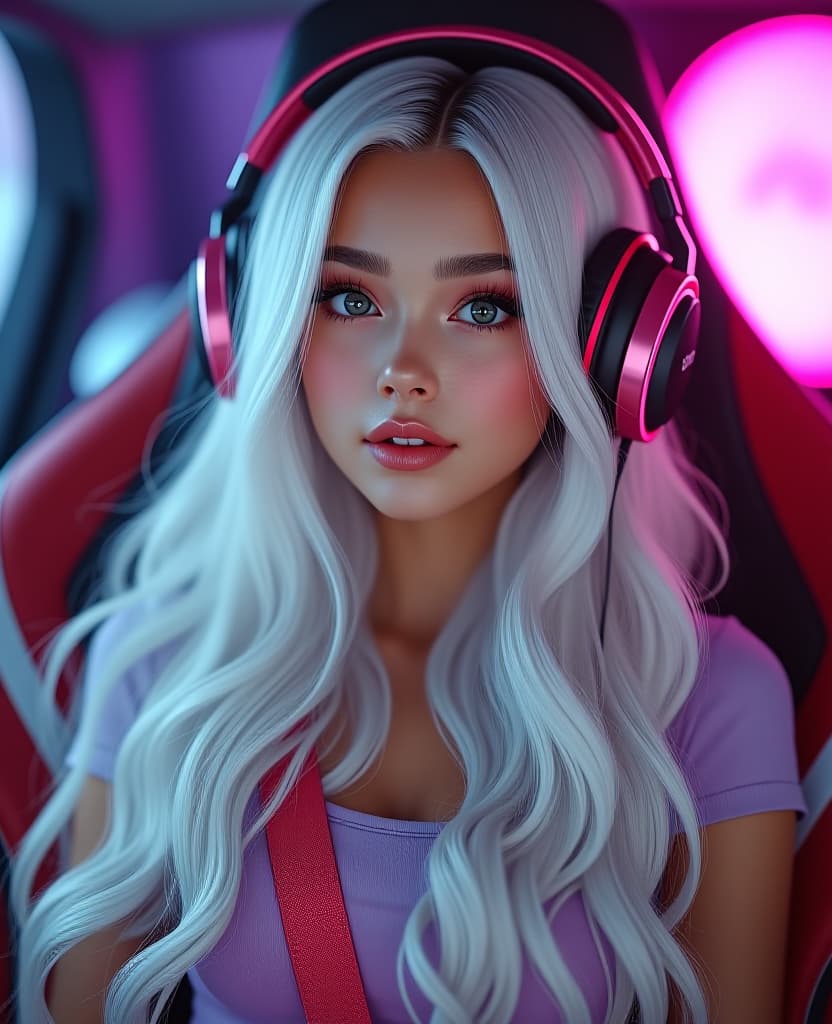  hyperrealistic art young beautiful girl streamer in headphones long white wavy hair sits on a streamer chair in the style of a sports seat from a car very thin face thin long nose super long false eyelashes lips are not made up maximum detail waist length portrait 4k . extremely high resolution details, photographic, realism pushed to extreme, fine texture, incredibly lifelike hyperrealistic, full body, detailed clothing, highly detailed, cinematic lighting, stunningly beautiful, intricate, sharp focus, f/1. 8, 85mm, (centered image composition), (professionally color graded), ((bright soft diffused light)), volumetric fog, trending on instagram, trending on tumblr, HDR 4K, 8K