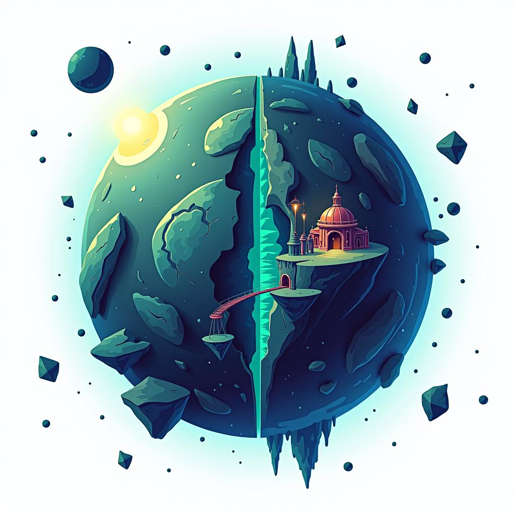  white background. left side: a simple vector graphic showing a hyper realistic alien planet's front view, featuring mysterious structures, bioluminescent patches, and sections of the planet split into floating fragments with glowing edges. unique architectural forms, and floating planetary fragments. elements adding a dynamic, otherworldly feel. cartoon and disney style.