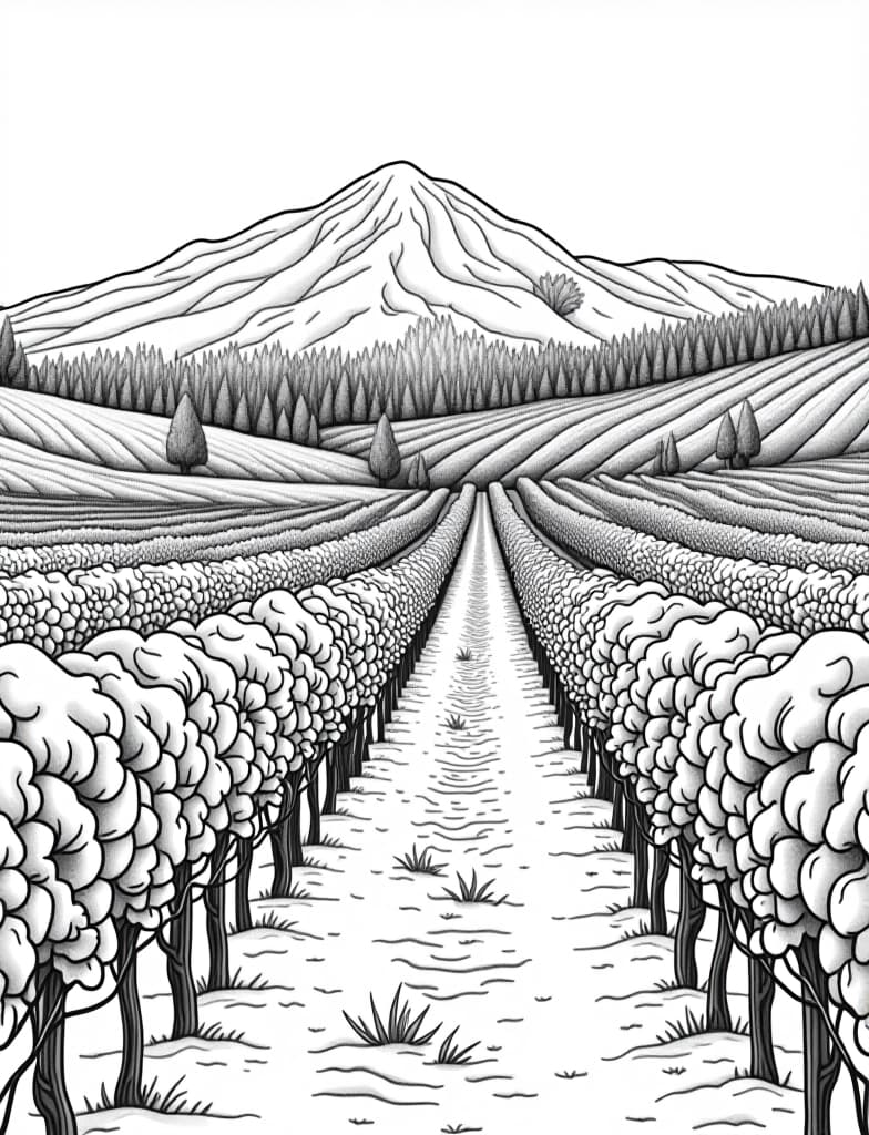  this is for an adult coloring page. a detailed black and white line art of a snowy snow covered vineyard with a snow capped mountain in the background on a solid white background.