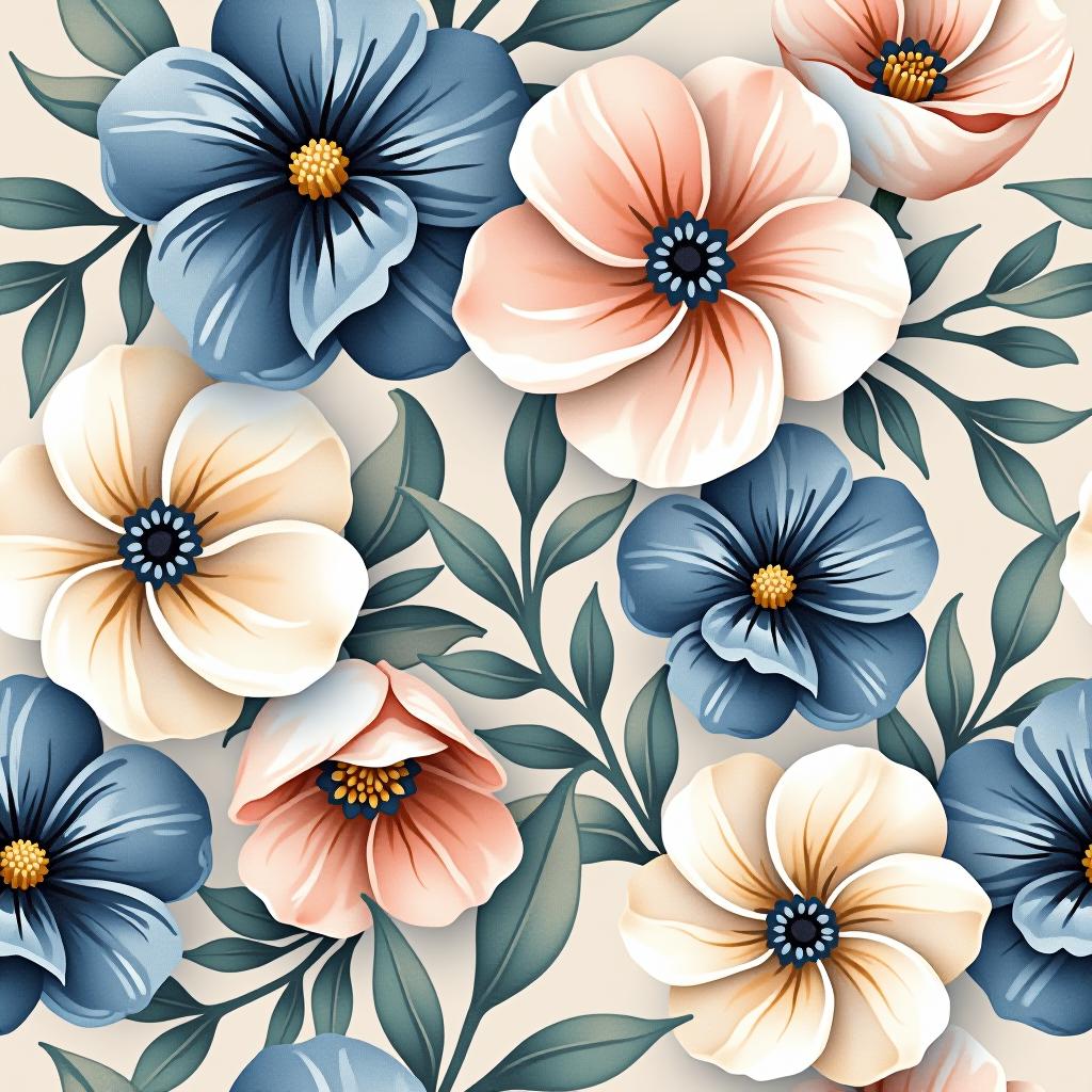  create a seamless digital design featuring a pattern of large, beautiful flowers with soft, watercolor like effects. the flowers should cover the entire surface, creating a bold, elegant, and continuous look. the overall style should be light and airy, with delicate leaves and petals to enhance the natural, floral theme. the design should be seamless to ensure it can be used in repeating patterns or wraps.