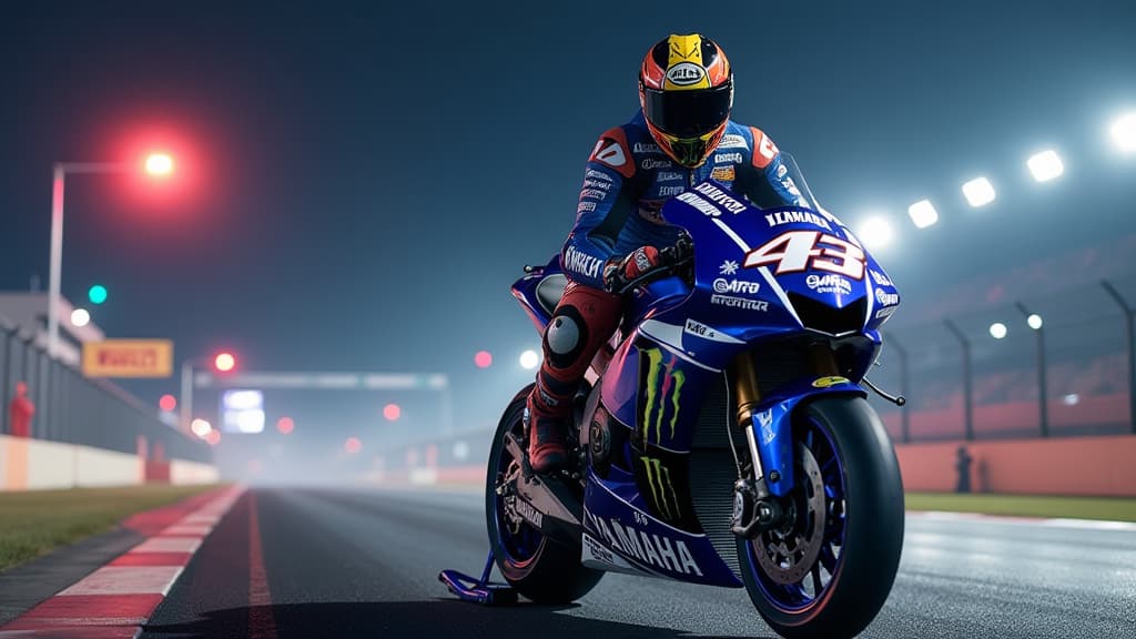  prompt: create an ultra realistic image capturing the intense moment of marvin fritz's debut in the superbike world championship at the cremona circuit. show fritz in his racing gear, confidently standing next to the grt yamaha bike, ready to hit the track. include subtle details like the gmt94 yamaha team logo, the vibrant cremona circuit background, and a nod to the injured dominique aegerter. infuse drama with dynamic lighting, emphasizing fritz's determination and the high stakes atmosphere