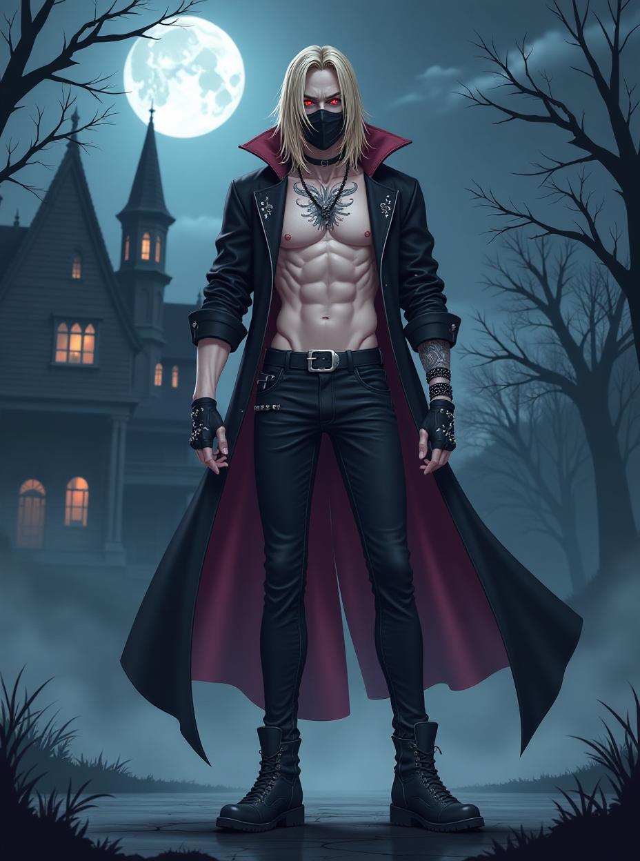  anime, anime sytle, anime image, cartoon, real cartoon, real anime, a guy in a long black jacket over his bare torso with a hood and rolled up sleeves stands at full height, pale skin, long blond hair, a black mask on his face, glowing red eyes, silver patterns on jacket, black studded jeans with zippers, black belt with a large iron buckle, black boots, black fingerless gloves, silver garters on the sleeves, a tattoo with patterns on his chest, sinewy build, haunted mansion in the background, ground fog, moon in the night sky, vampire theme.