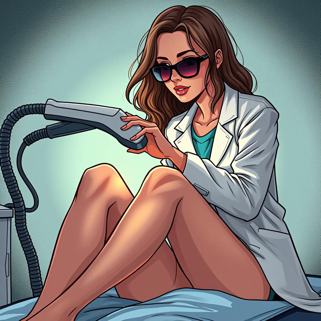  a girl in a white coat and dark glasses is performing laser hair removal on another girl's legs. marvel comic style.