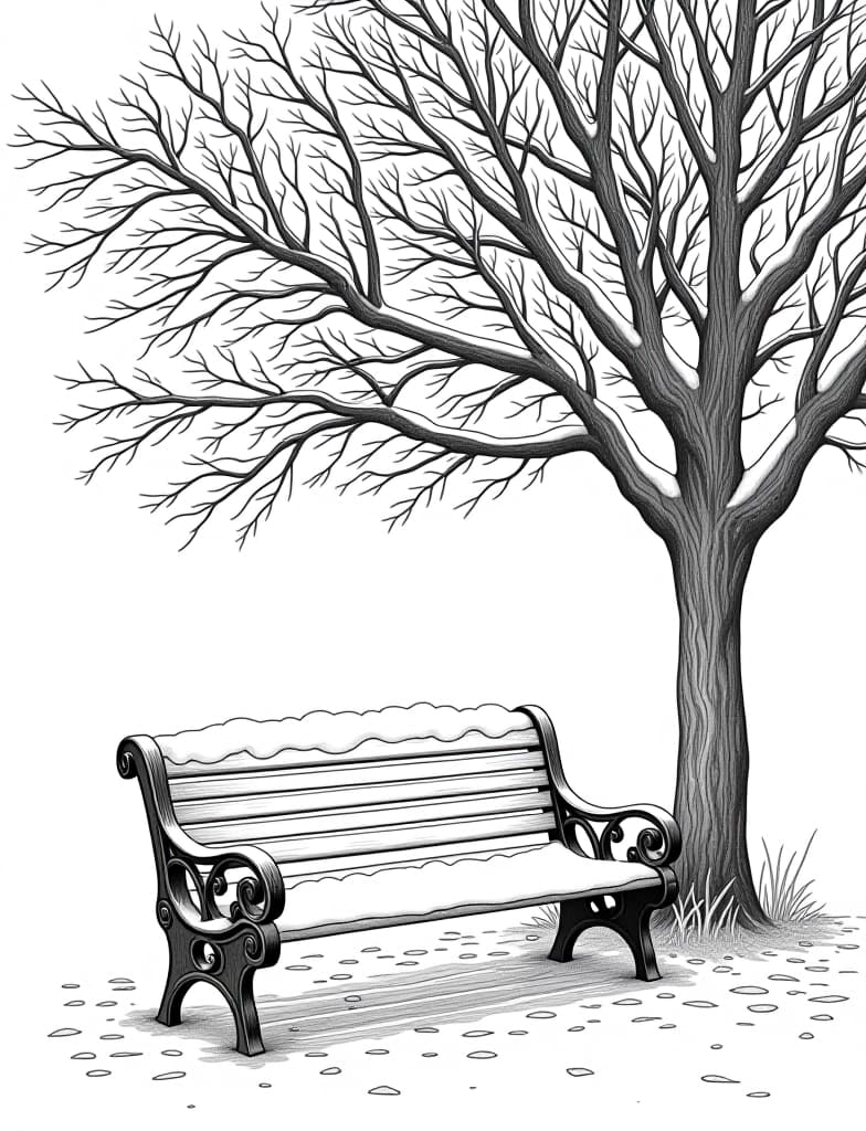  this is for an adult coloring page. a detailed black and white line art of a snowy snow covered park bench under a leafless tree on a solid white background.