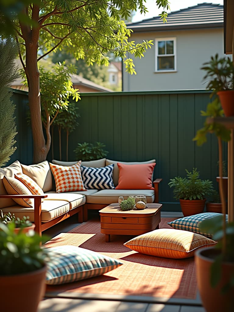  high quality portrait photo of a cozy backyard patio with colorful outdoor cushions, durable play mats, and pet friendly plants, surrounded by a low fence, viewed from a slightly elevated angle hyperrealistic, full body, detailed clothing, highly detailed, cinematic lighting, stunningly beautiful, intricate, sharp focus, f/1. 8, 85mm, (centered image composition), (professionally color graded), ((bright soft diffused light)), volumetric fog, trending on instagram, trending on tumblr, HDR 4K, 8K